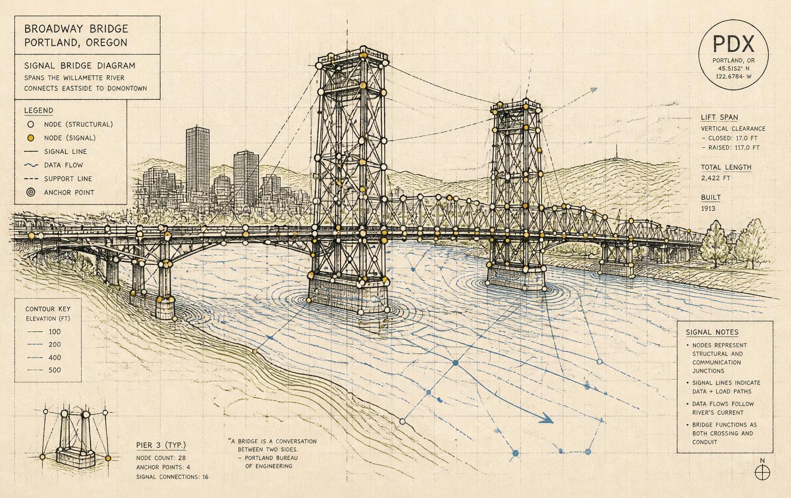 Signal Bridge diagram — a Portland bridge over the Willamette drawn as connected nodes and signal lines